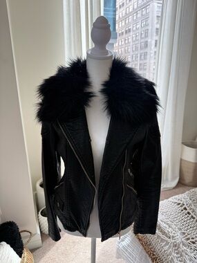 Black Faux Fur Collar Moto Jacket - Women